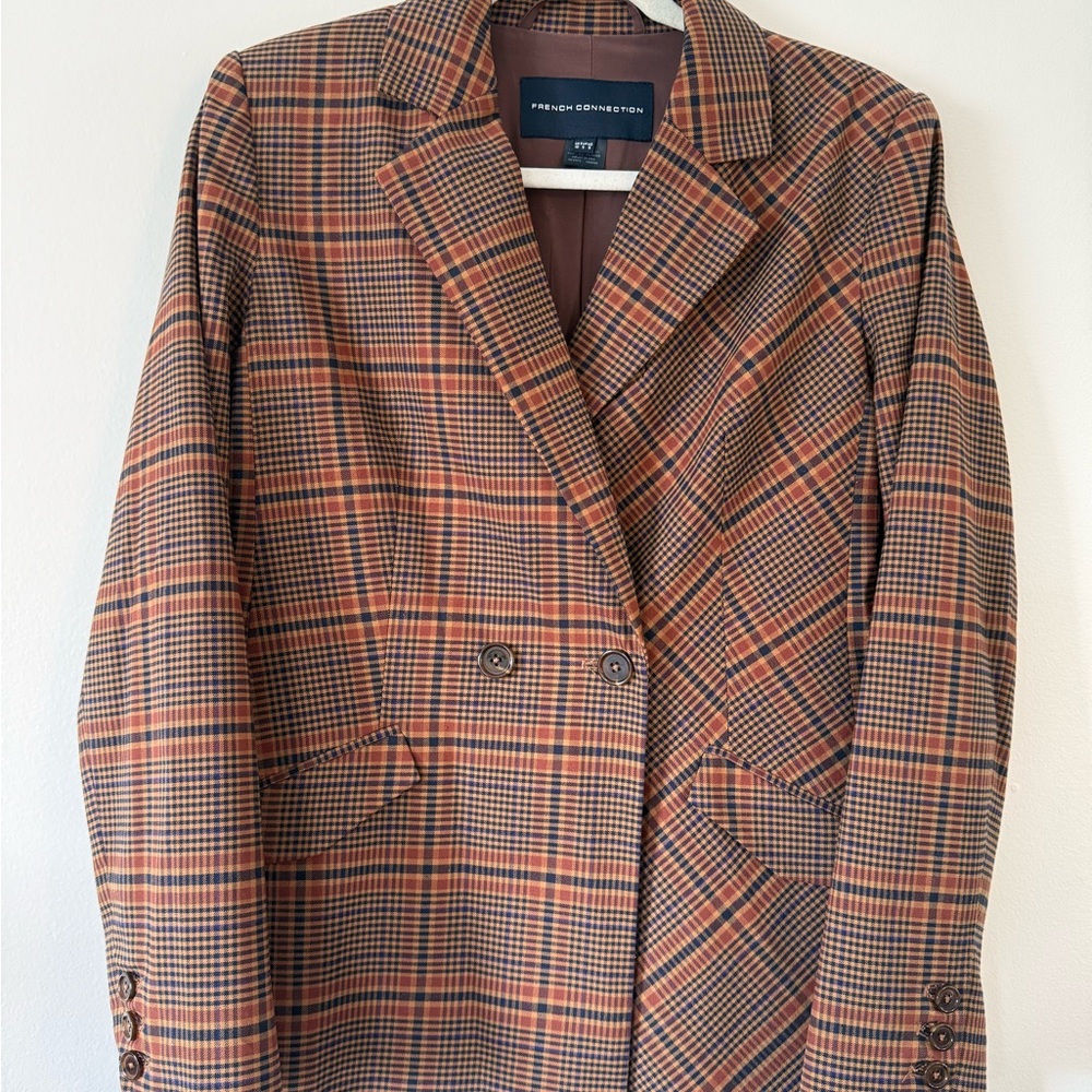 French Connection Plaid Double Breasted Blazer Women’s Size 6 Brown Orange Check